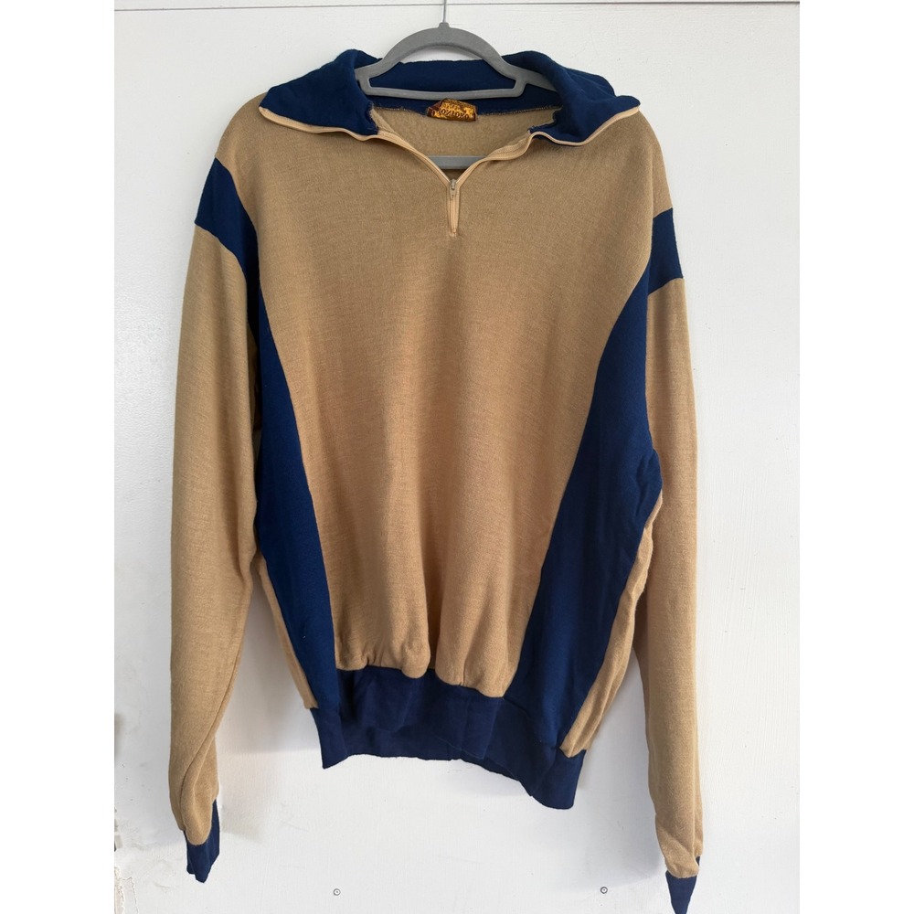 Vintage Montoro by Rite Smart Mens Quarter Zip Knit Sweater Tan Navy Blue XL